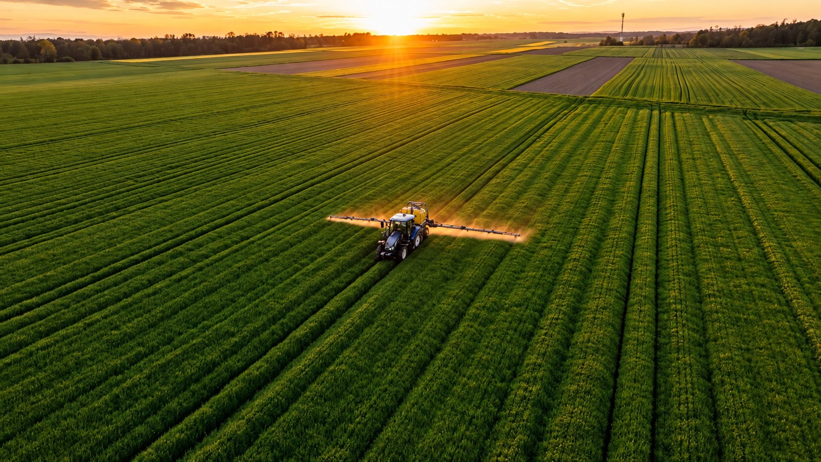 Pulverizador agrícola trabalhando em uma lavoura ao pôr do sol